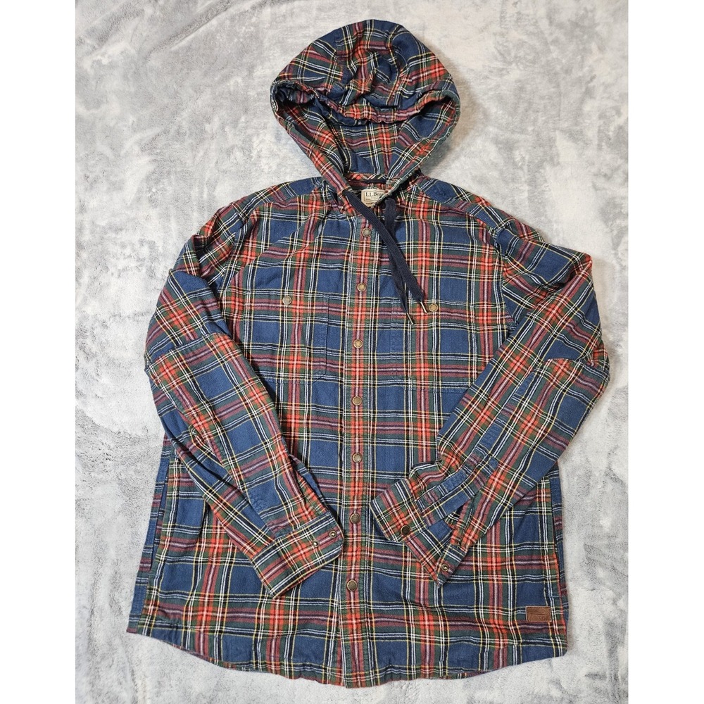 LL Bean Flannel Shirt Hooded Slightly Fitted Blue Plaid Snap Front Men's Med